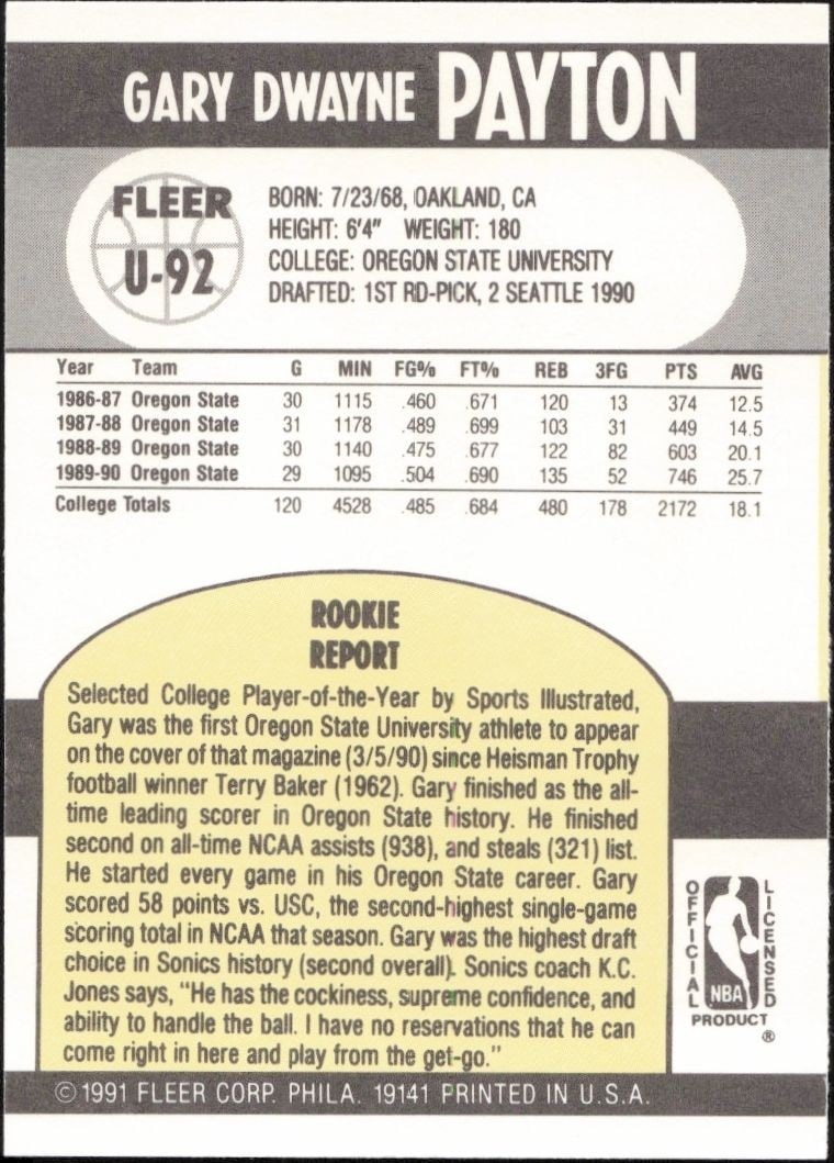 1990-91 Fleer Update Gary Payton #U-92 basketball trading card back