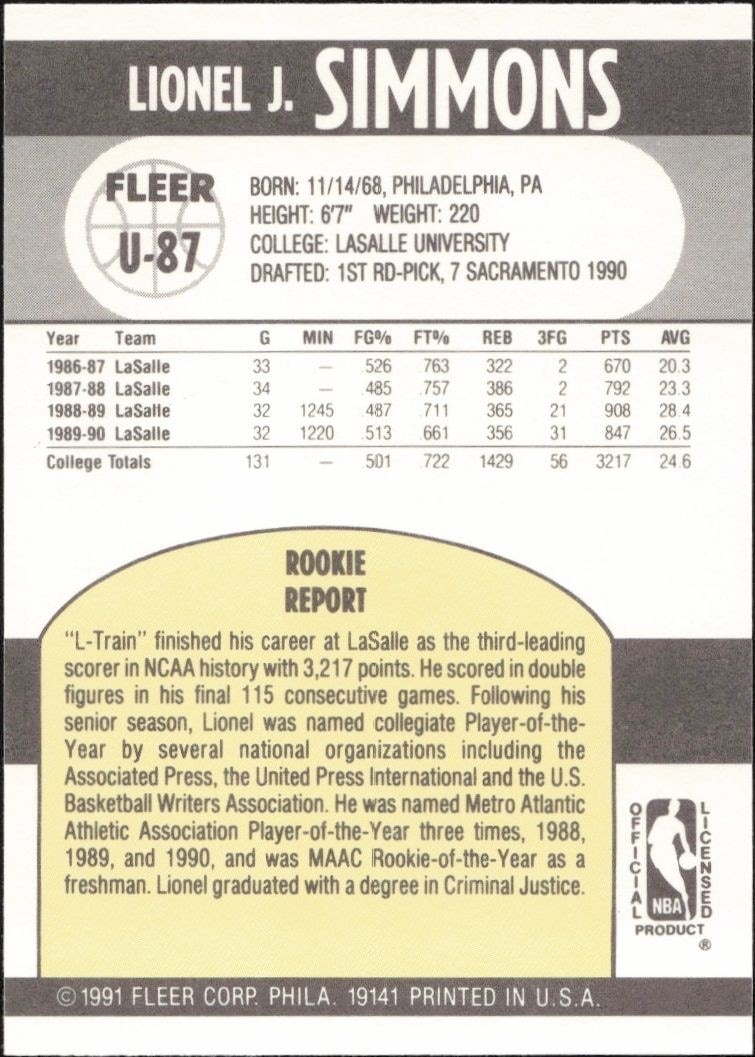 1990-91 Fleer Update Lionel Simmons #U-87 basketball trading card back