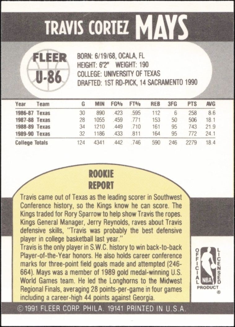 1990-91 Fleer Update Travis Mays #U-86 basketball trading card back