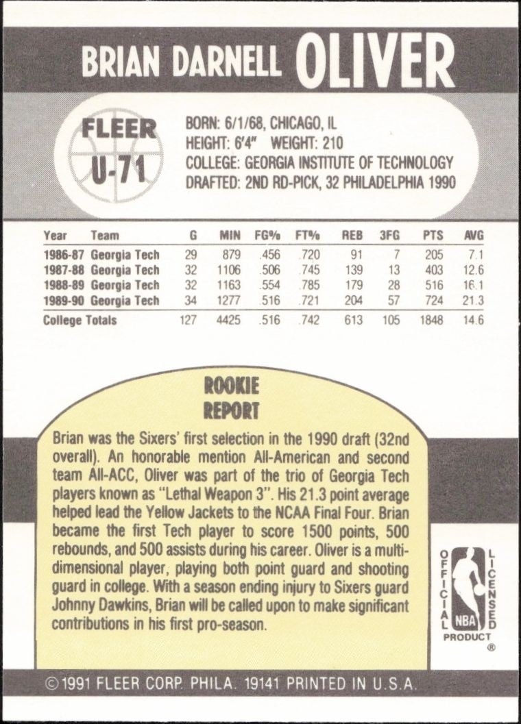 1990-91 Fleer Update Brian Oliver #U-71 basketball trading card back