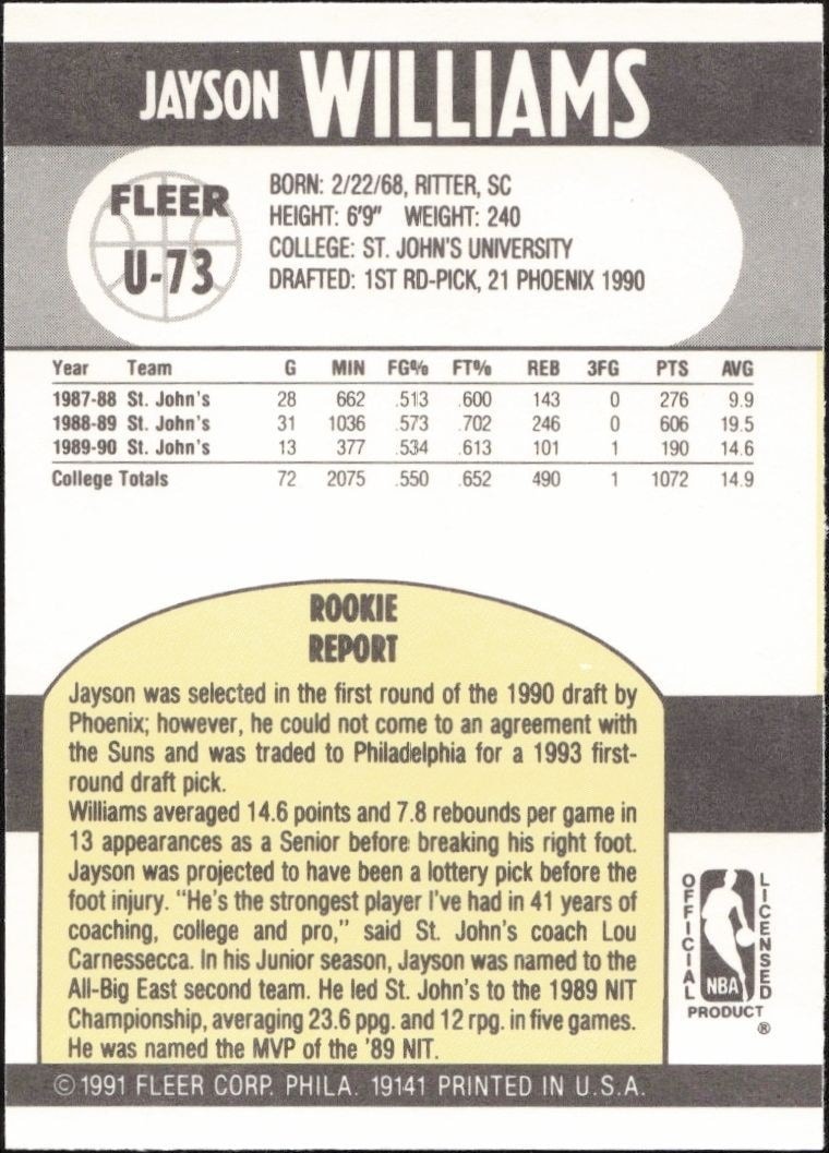 1990-91 Fleer Update Jayson Williams #U-73 basketball trading card back