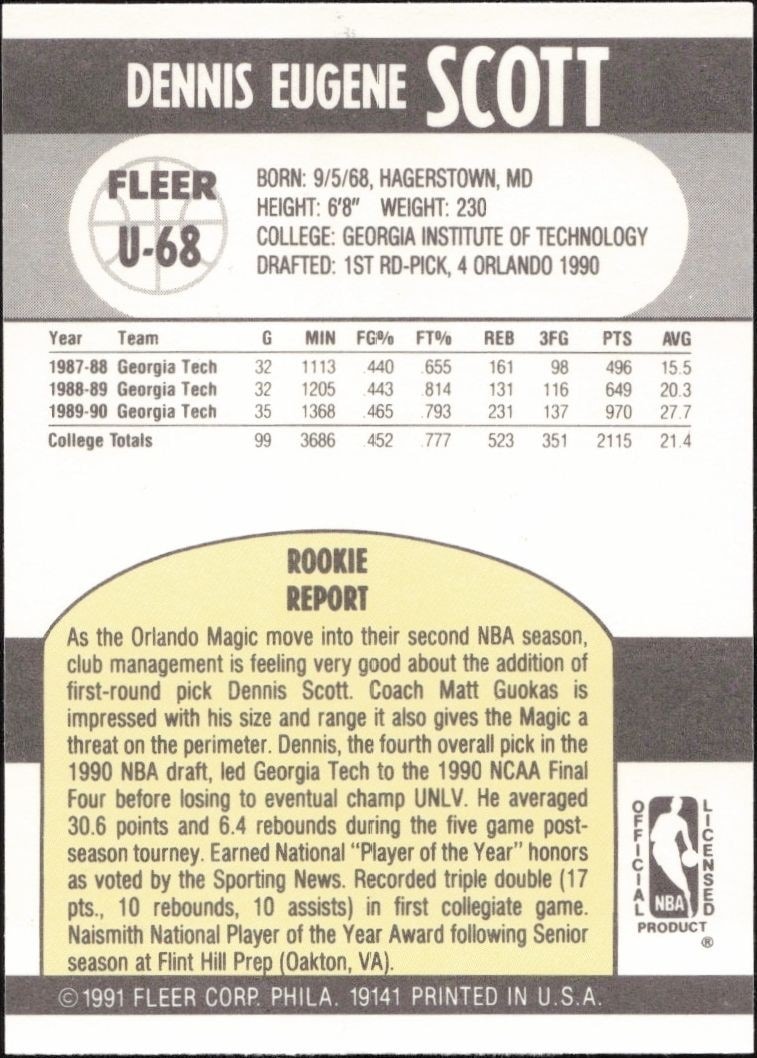 1990-91 Fleer Update Dennis Scott #U-68 basketball trading card back