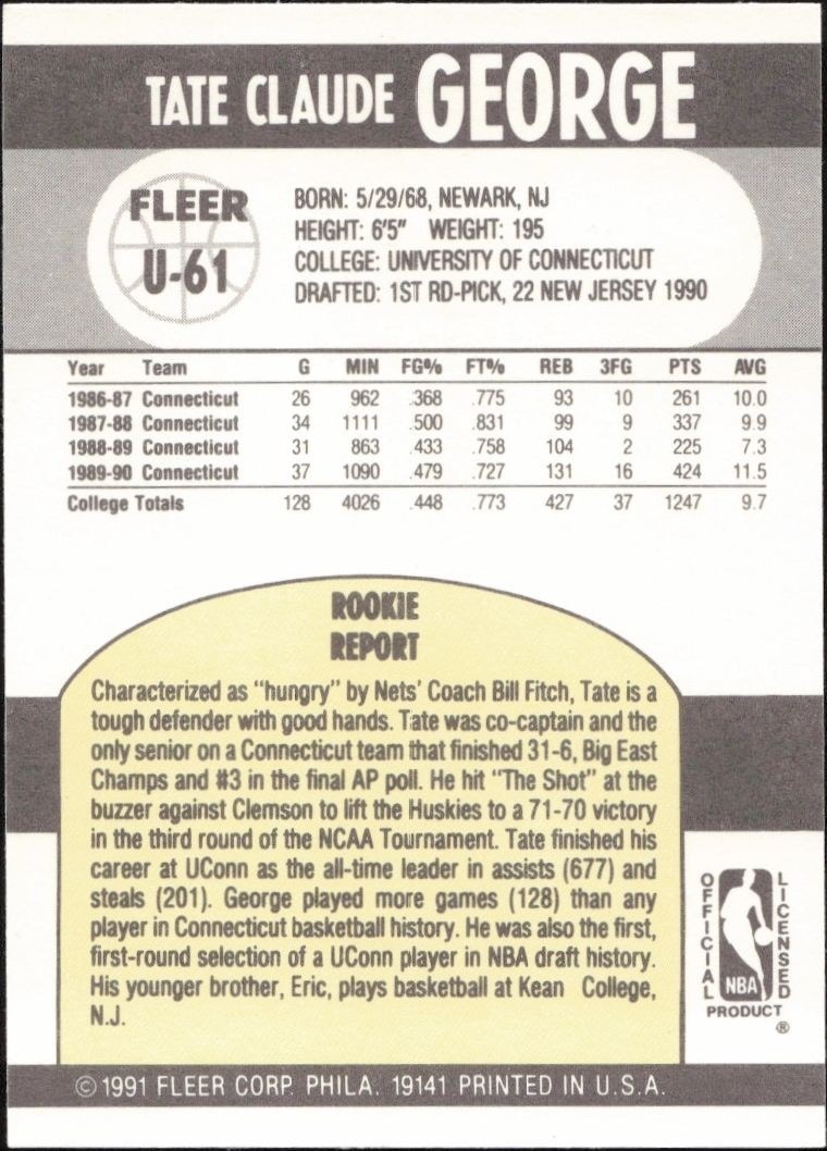 1990-91 Fleer Update Tate George #U-61 basketball trading card back