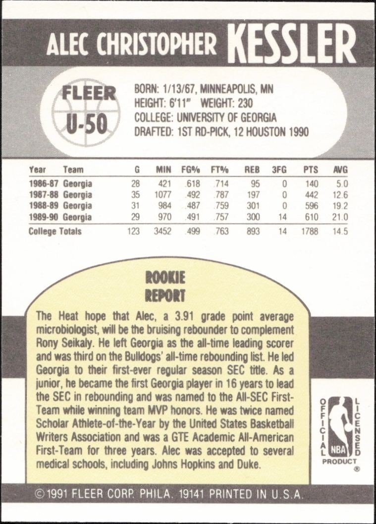 1990-91 Fleer Update Alec Kessler #U-50 basketball trading card back