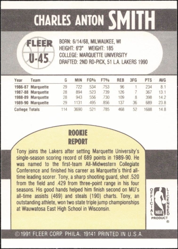 1990-91 Fleer Update Tony Smith #U-45 basketball trading card back