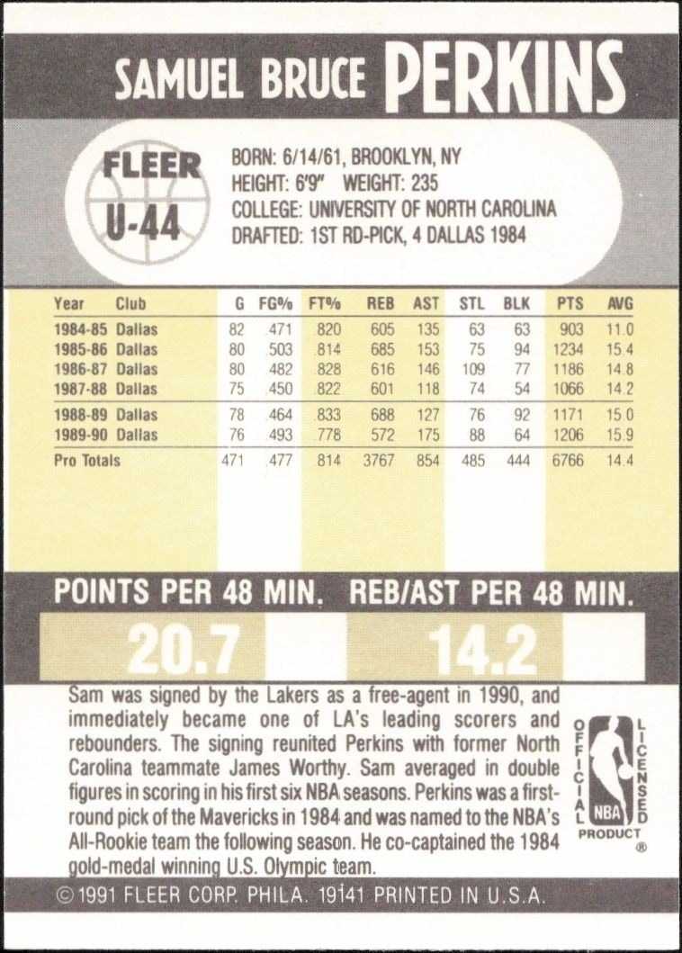 1990-91 Fleer Update Sam Perkins #U-44 basketball trading card back