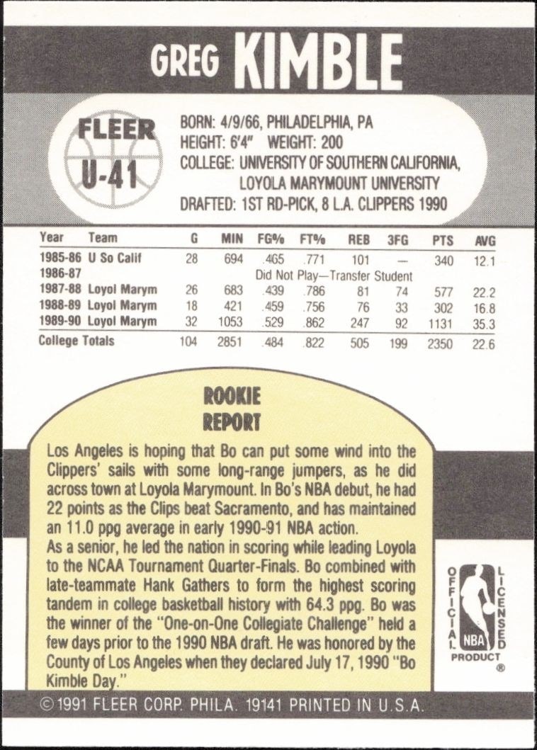 1990-91 Fleer Update Bo Kimble #U-41 basketball trading card back