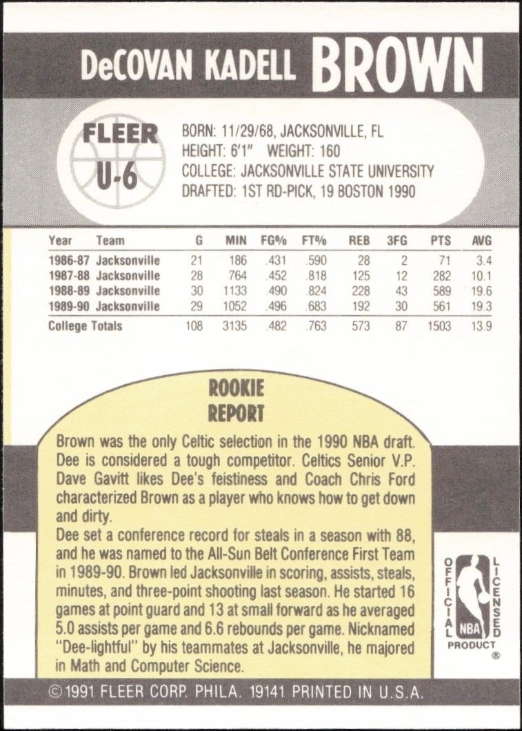 1990-91 Fleer Update Dee Brown #U-6 basketball trading card back