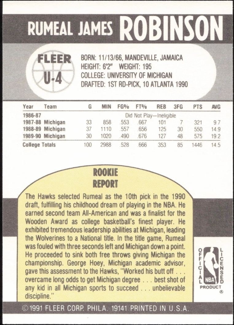 1990-91 Fleer Update Rumeal Robinson #U-4 basketball trading card back