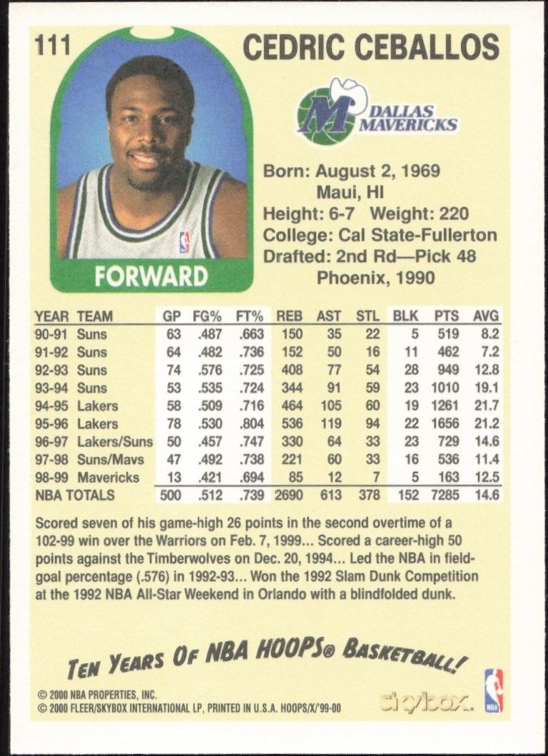 1999-00 Skybox NBA Hoops Decade Cedric Ceballos #111 basketball trading card back