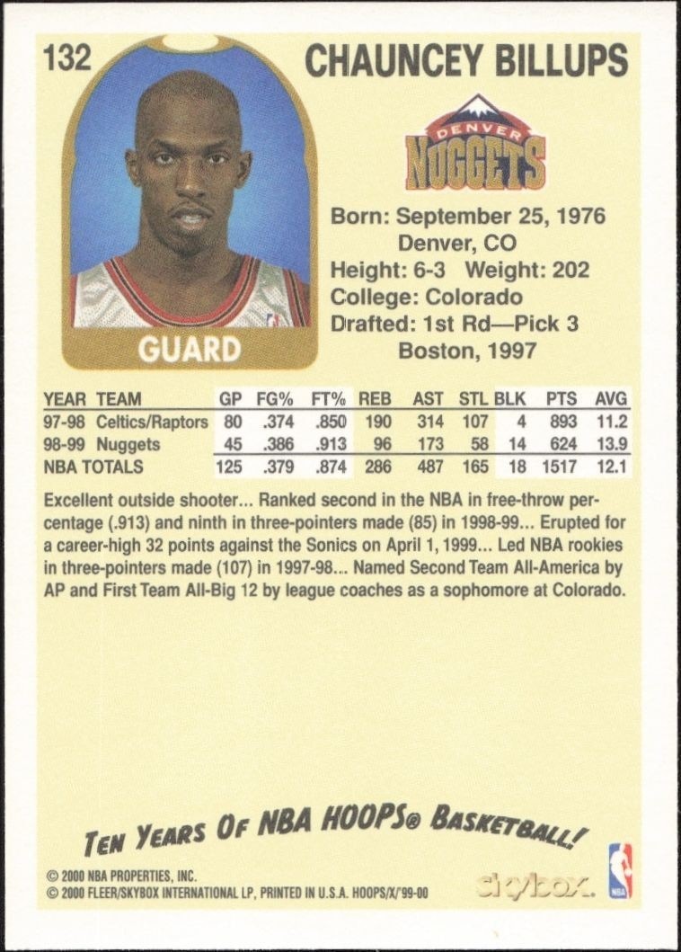 1999-00 Skybox NBA Hoops Decade Chauncey Billups #132 basketball trading card back