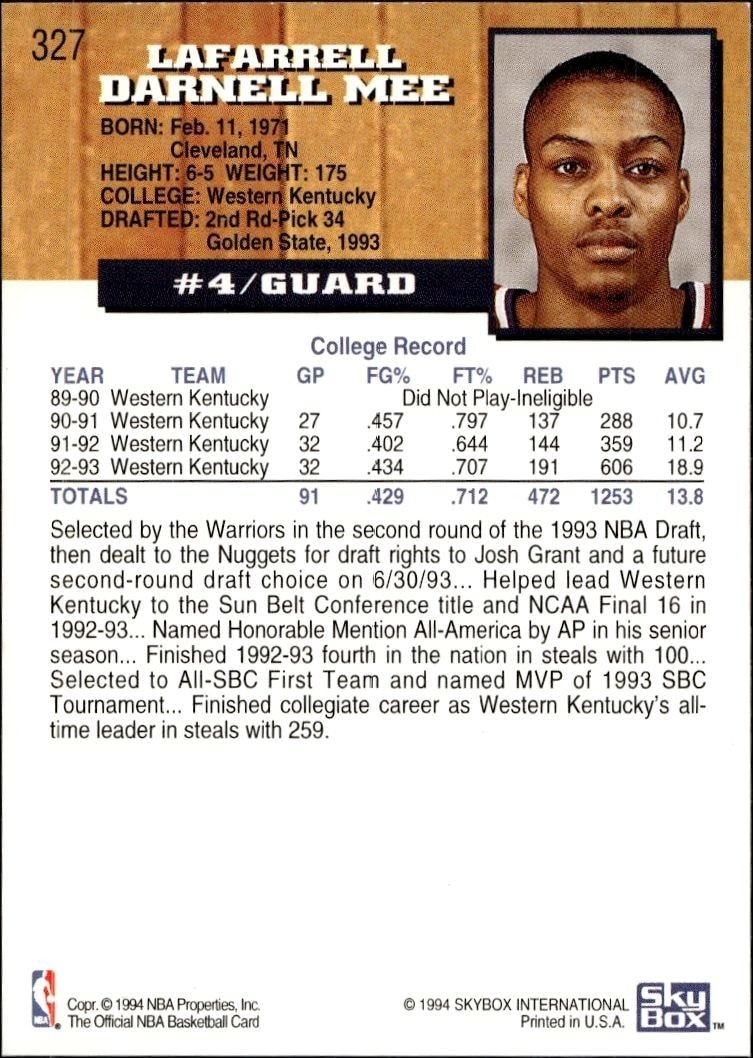 1993-94 Skybox NBA Hoops Series 2 Darnell Mee #327 basketball trading card back