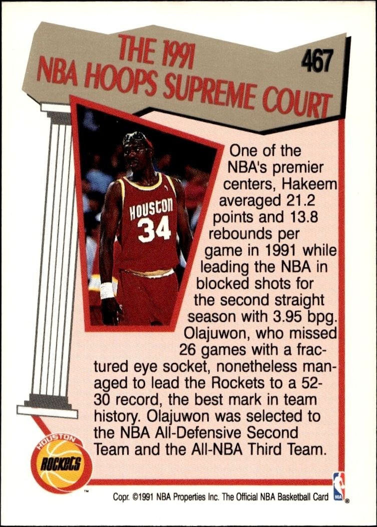 1991-92 Skybox NBA Hoops Series 2 Hakeem Olajuwon #467 basketball trading card back