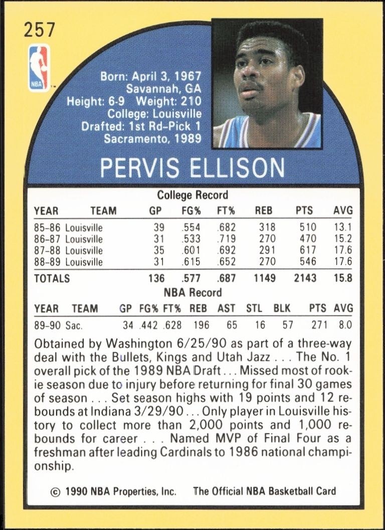 1990-91 Skybox Pervis Ellison #257 basketball trading card back
