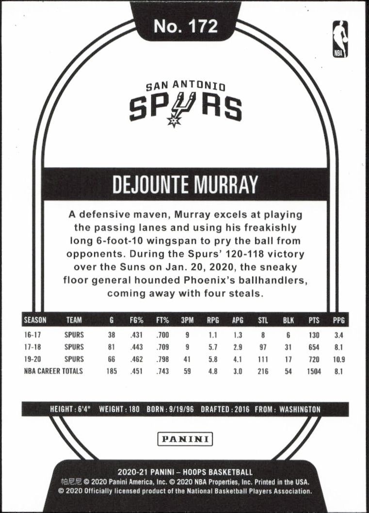 2020-21 Panini Dejounte Murray #172 basketball trading card back