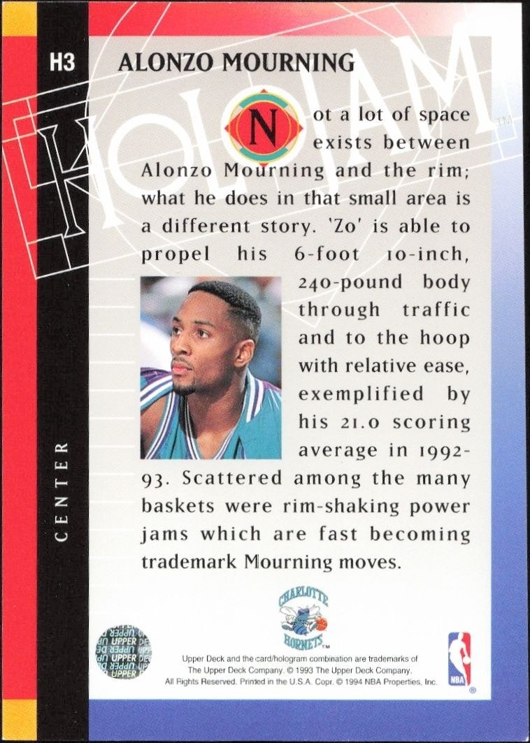 1993-94 Upper Deck Holojam Alonzo Mourning #H3 basketball trading card back