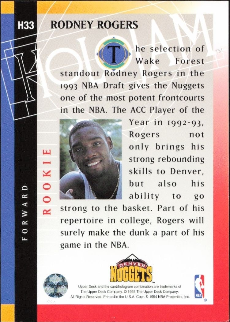1993-94 Upper Deck Holojam Rodney Rogers #H33 basketball trading card back