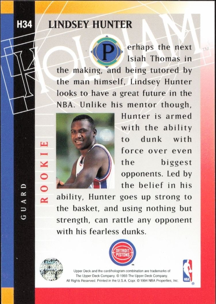 1993-94 Upper Deck Holojam Lindsey Hunter #H34 basketball trading card back