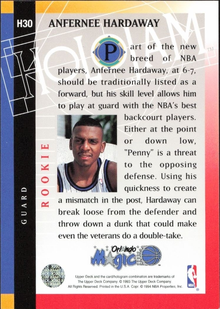 1993-94 Upper Deck Holojam Anfernee Hardaway #H30 basketball trading card back