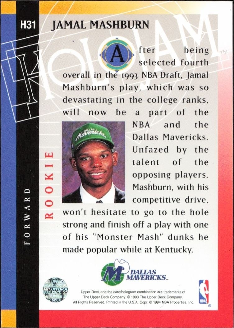 1993-94 Upper Deck Holojam Jamal Mashburn #H31 basketball trading card back
