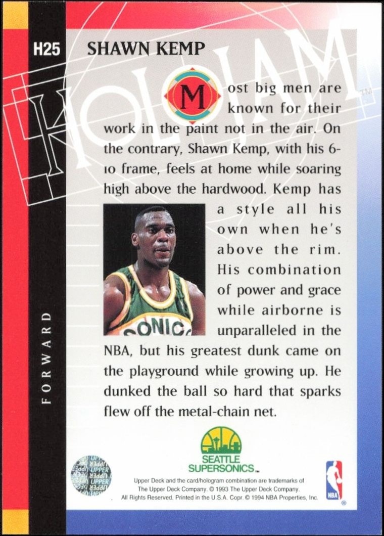 1993-94 Upper Deck Holojam Shawn Kemp #H25 basketball trading card back