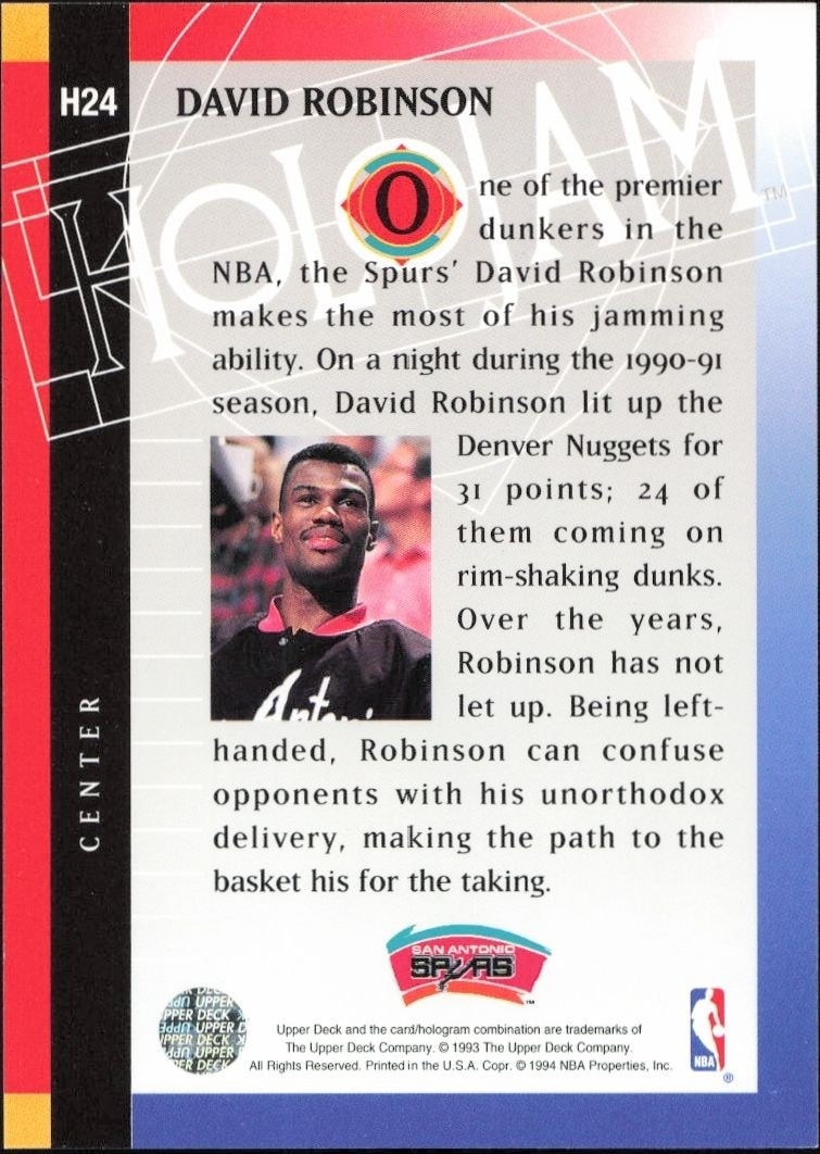 1993-94 Upper Deck Holojam David Robinson #H24 basketball trading card back