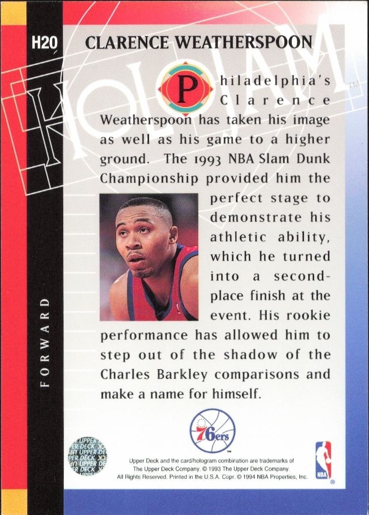 1993-94 Upper Deck Holojam Clarence Weatherspoon #H20 basketball trading card back