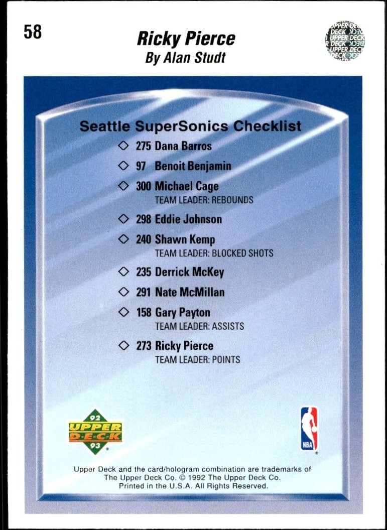 1992-93 Upper Deck Ricky Pierce #58 basketball trading card back