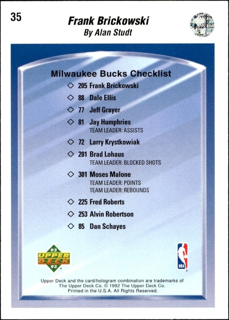 1992-93 Upper Deck Frank Brickowski #35 basketball trading card back