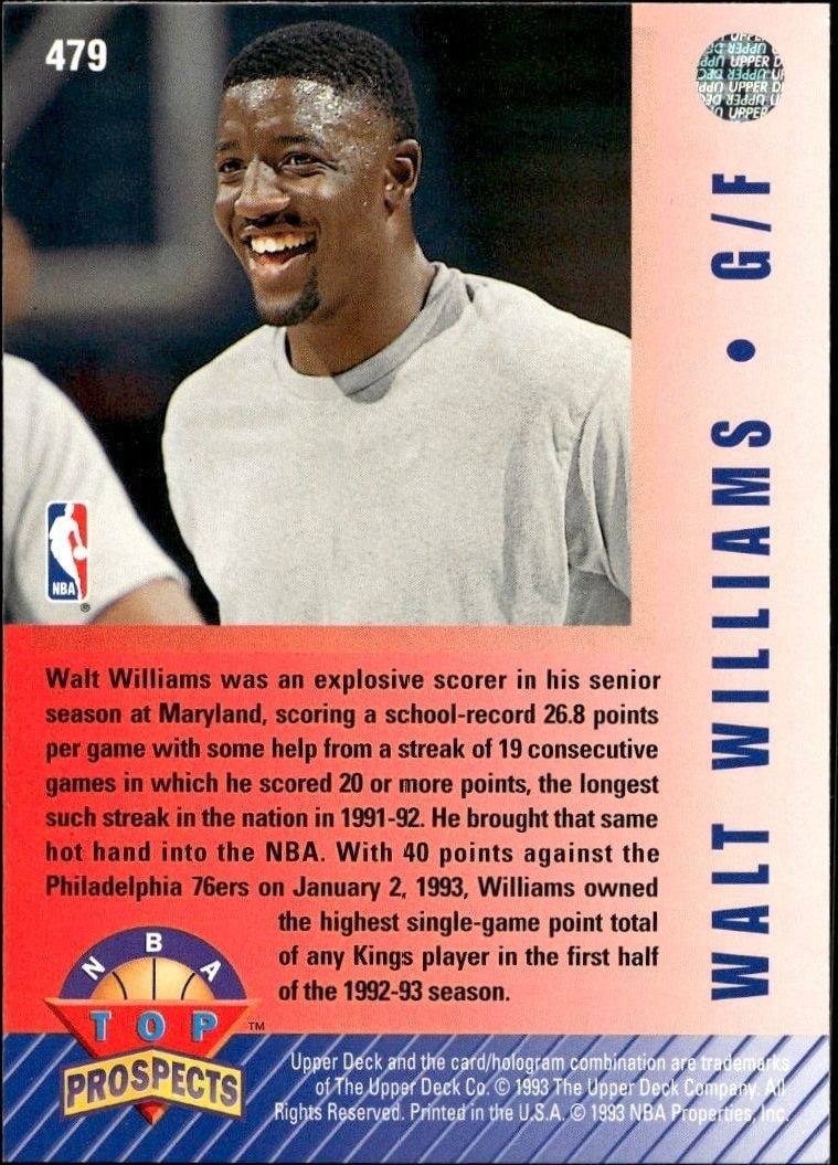 1992-93 Upper Deck Walt Williams #479 basketball trading card back
