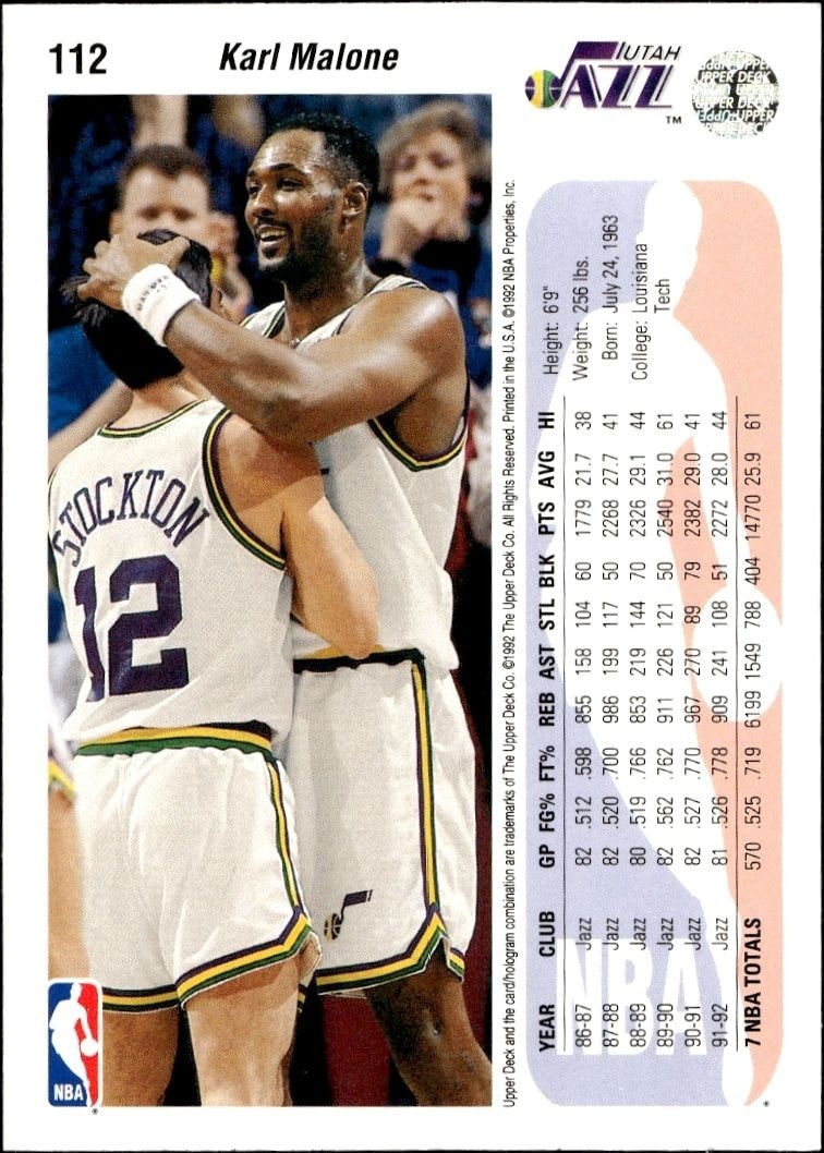 1992-93 Upper Deck Karl Malone #112 basketball trading card back
