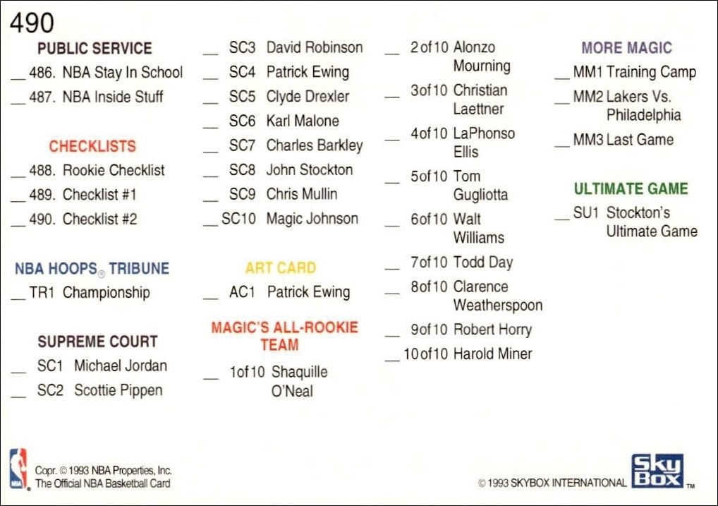 1992-93 Skybox NBA Hoops Series 2 Checklist #490 basketball trading card back