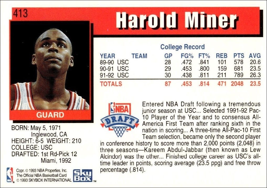 1992-93 Skybox NBA Hoops Series 2 Harold Miner #413 basketball trading card back