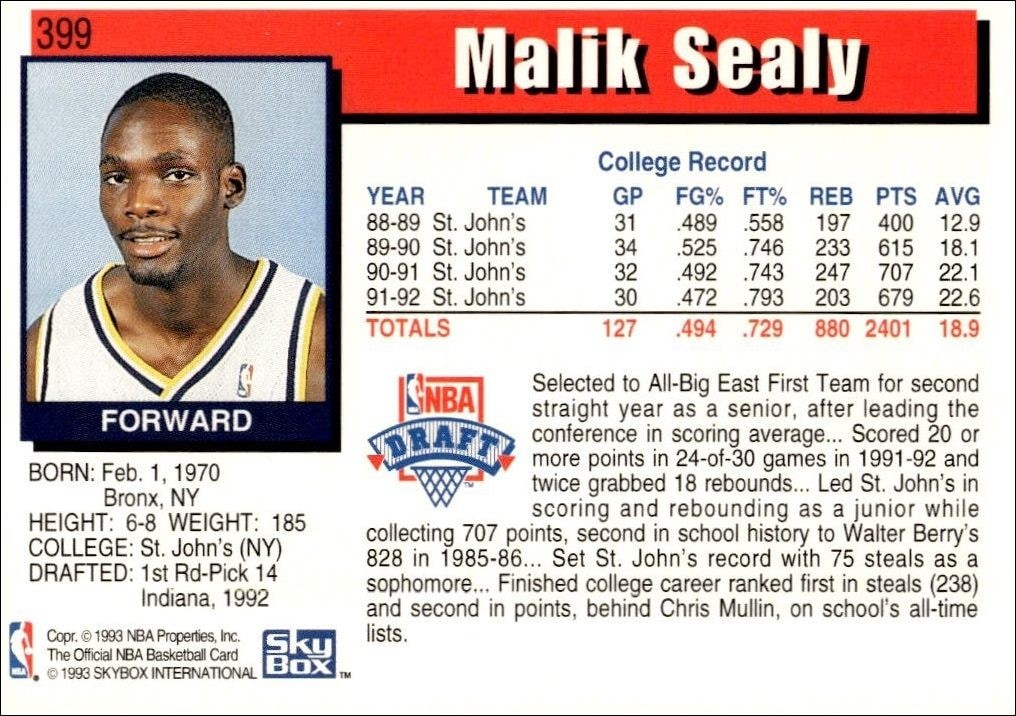 1992-93 Skybox NBA Hoops Series 2 Malik Sealy #399 basketball trading card back