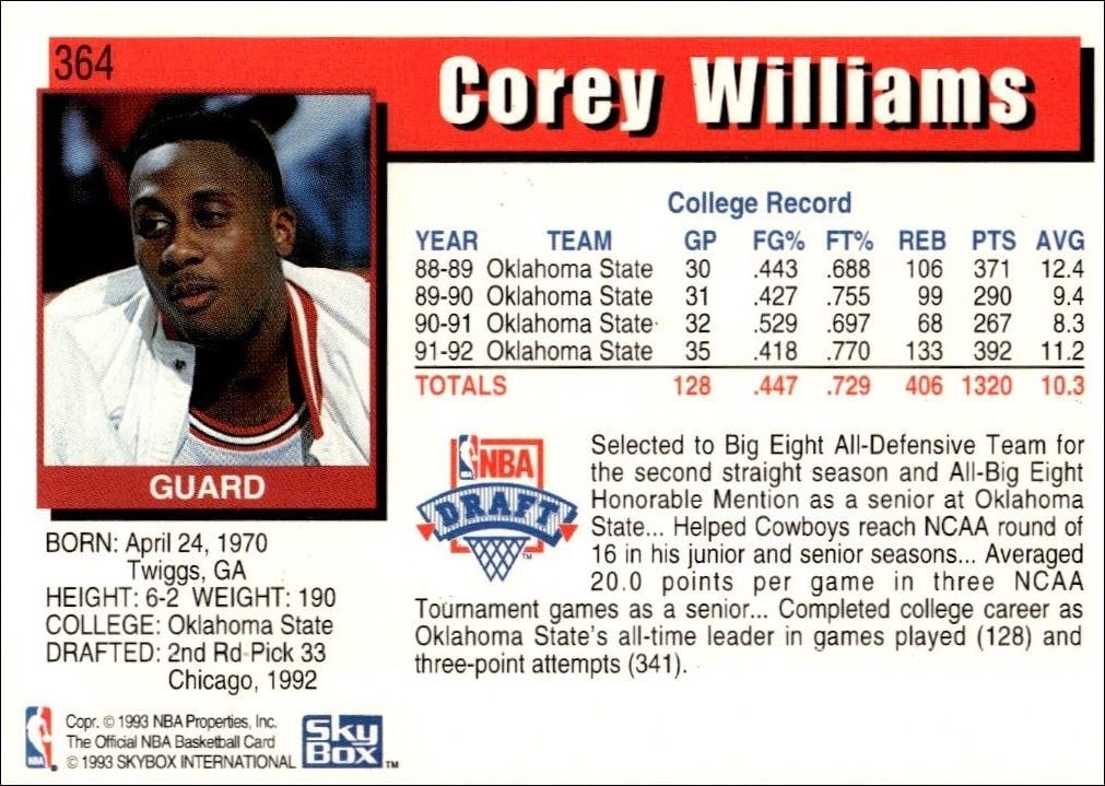 1992-93 Skybox NBA Hoops Series 2 Corey Williams #364 basketball trading card back