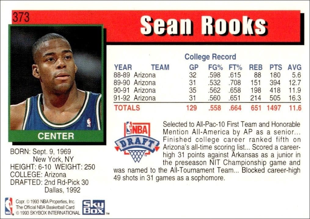 1992-93 Skybox NBA Hoops Series 2 Sean Rooks #373 basketball trading card back