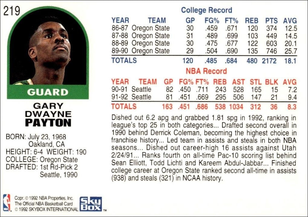1992-93 Skybox Gary Payton #219 basketball trading card back