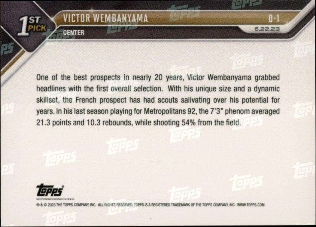 2023-24 Topps Now Victor Wembanyama #D-1 basketball trading card back