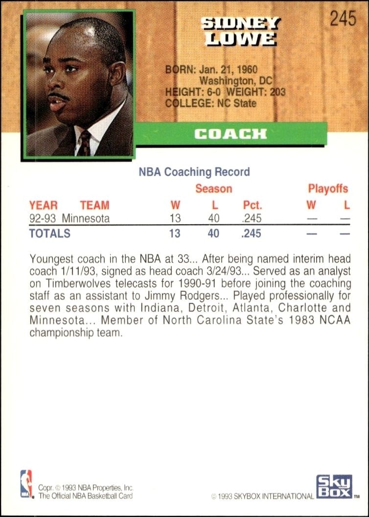 1993-94 Skybox Sidney Lowe #245 basketball trading card back