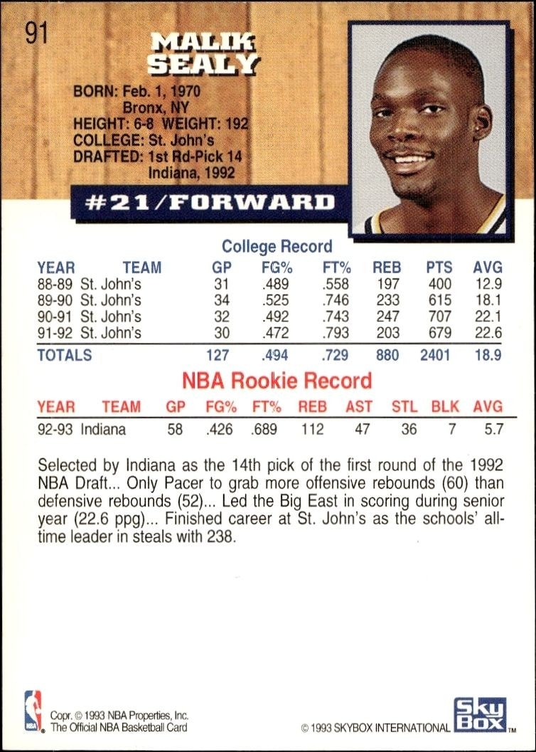 1993-94 Skybox Malik Sealy #91 basketball trading card back