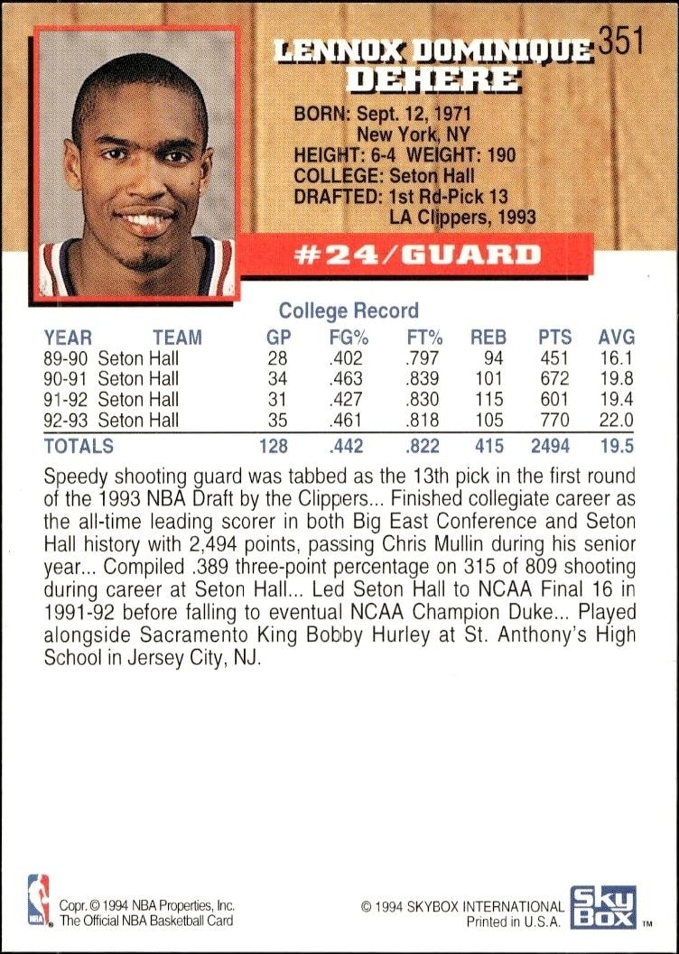 1993-94 Skybox NBA Hoops Series 2 Terry Dehere #351 basketball trading card back