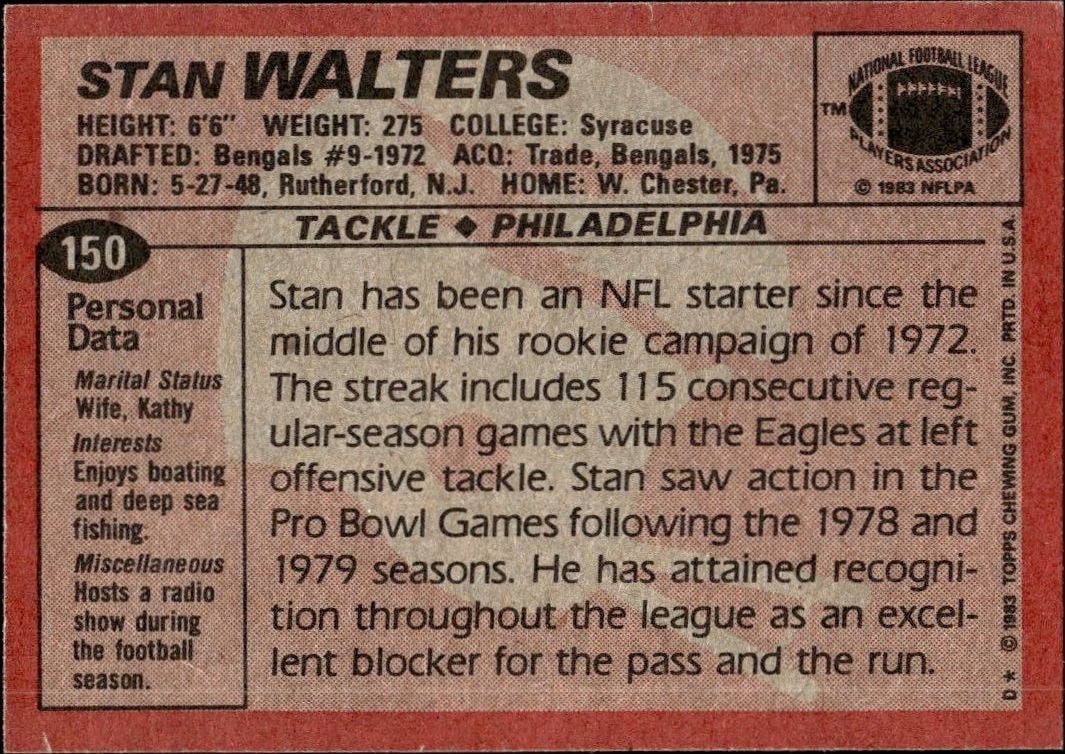 1983 Topps Stan Walters #150 football trading card back