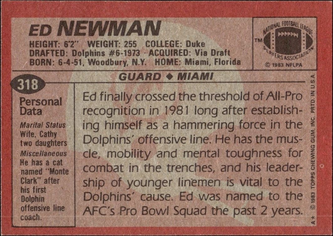 1983 Topps Ed Newman #318 football trading card back