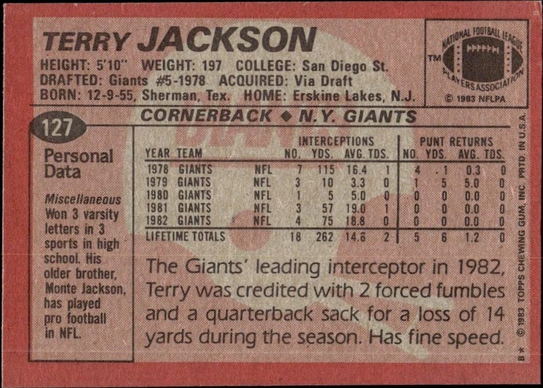 1983 Topps Terry Jackson #127 football trading card back
