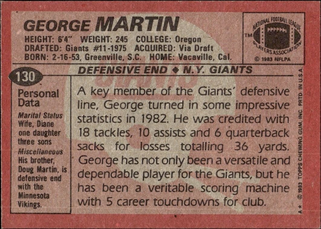 1983 Topps George Martin #130 football trading card back