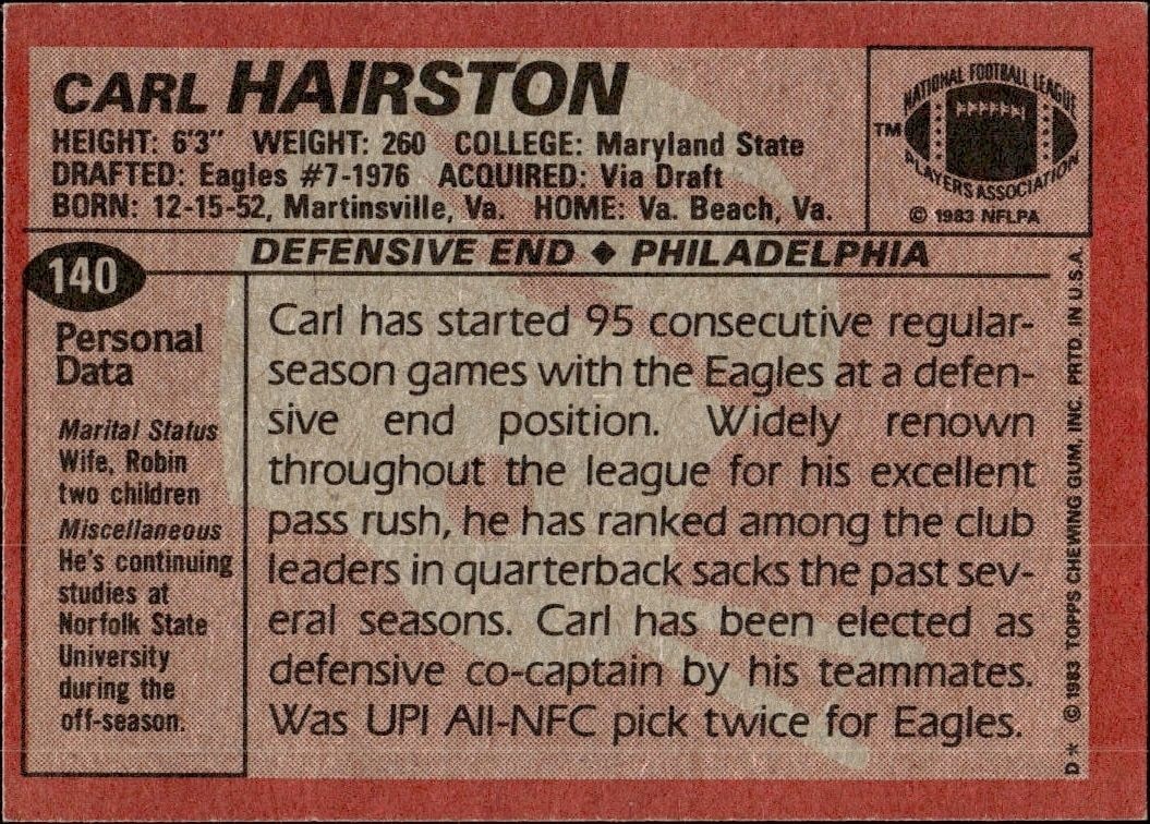 1983 Topps Carl Hairston #140 football trading card back