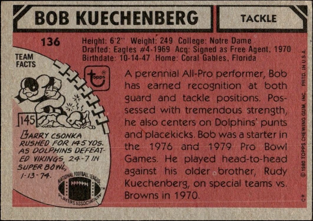 1980 Topps Bob Kuechenberg #136 football trading card back
