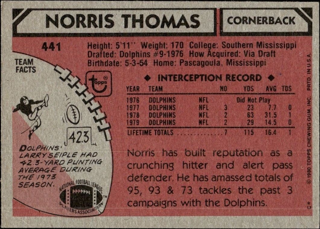 1980 Topps Norris Thomas #441 football trading card back