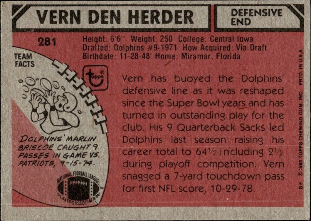 1980 Topps Vern Den Herder #281 football trading card back