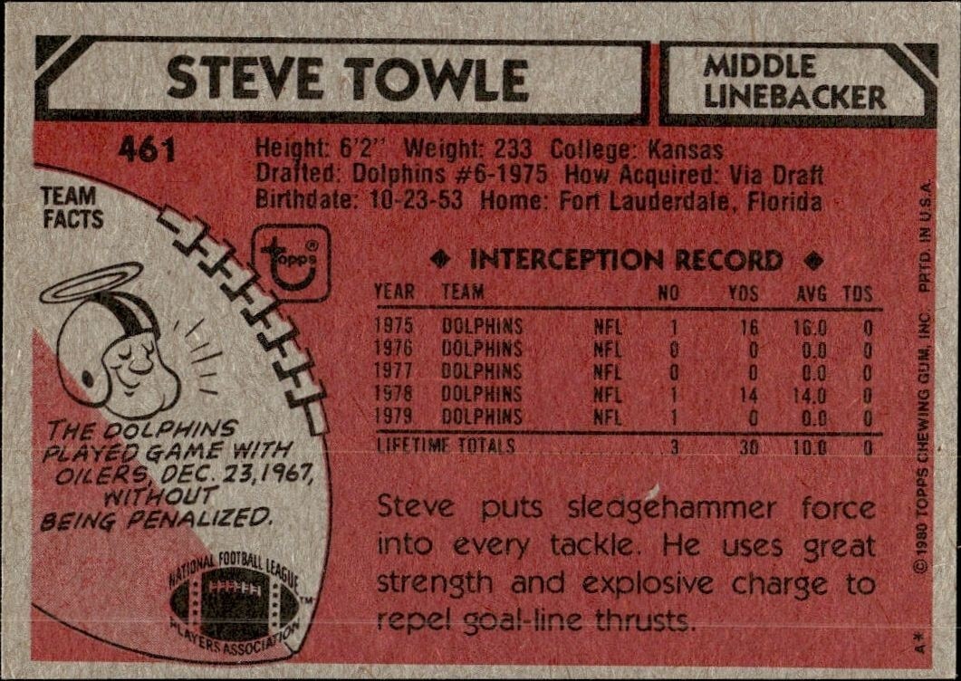 1980 Topps Steve Towle #461 football trading card back